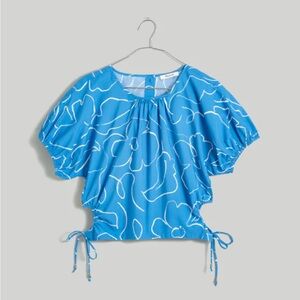 Madewell Poplin Puff-Sleeve Cutout Crop Top in Linear Bloom